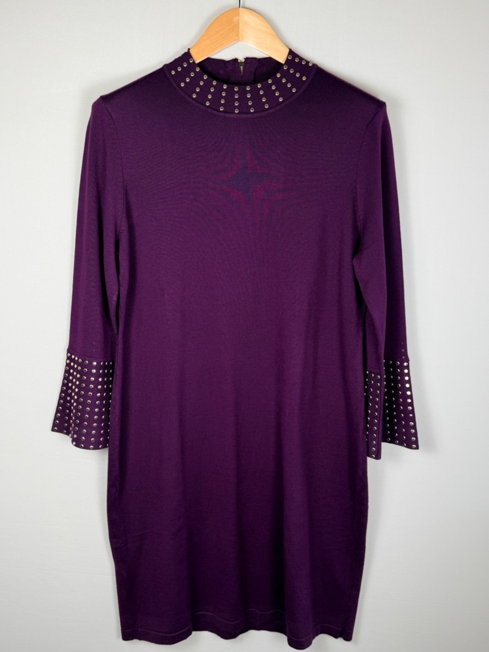 Harper Rose XL Aubergine Purple Studded Sweater Dress Bell Sleeve Mock Neck Plum